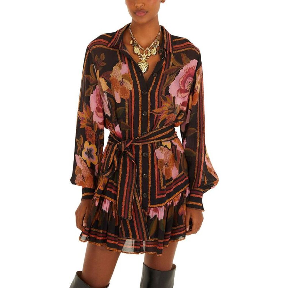 Farm Rio Womens  Chenille Flowers Black Mini Dress